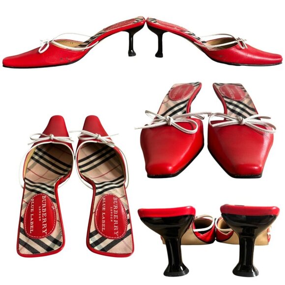 Authentic‎ BURBERRY Mules Slides Red Leather Pointed Toe Bow Kitten Heels 6.5-7 - Picture 5 of 6